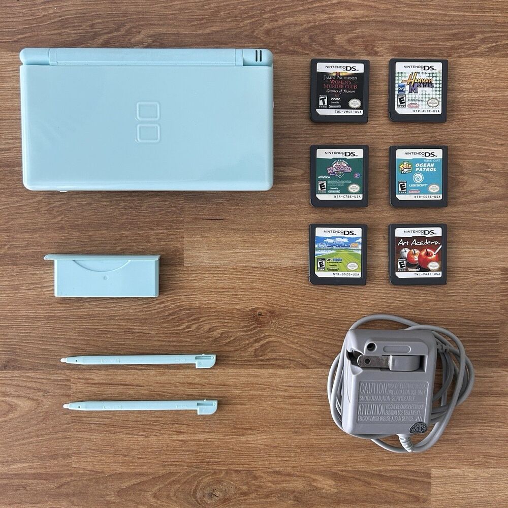 Nintendo DS Lite Console Bundle TESTED WORKING NTSC-U/C Ice Blue Six Games